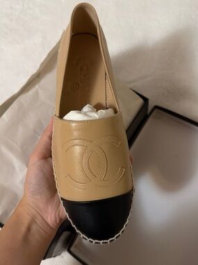 CHANEL Beige Leather Espadrille with Black Cap Toe